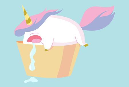 Vector cartoon illustration of cute unicorn with face in water tub. Isolated on blue background.のイラスト素材