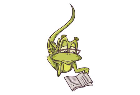 Vector cartoon illustration of cute lizard reading book. Isolated on white background.のイラスト素材