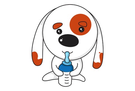 Vector cartoon illustration of cute dog with a milk bottle. Isolated on white background.のイラスト素材