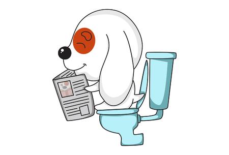 Vector cartoon illustration of cute dog sitting on commode and reading newspaper . Isolated on white background.modeのイラスト素材