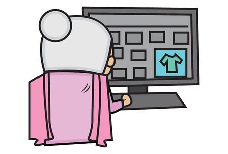 Vector cartoon illustration of cute grandmother working on computer. Isolated on white background.のイラスト素材