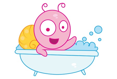 Vector cartoon illustration of cute snail bathing. Isolated on white background.のイラスト素材