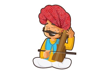 Vector cartoon illustration of a rajasthani man playing sarangi instrument. Isolated on white background.のイラスト素材