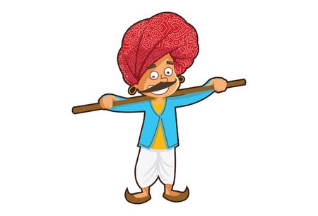 Vector cartoon illustration of a rajasthani man holding a stick. Isolated on white background.のイラスト素材