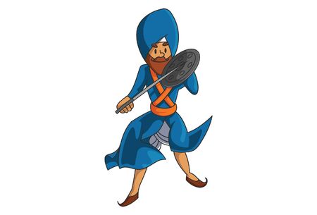 Vector cartoon illustration of Punjabi Nihang Sardar with sward and dhal. Isolated on white background.のイラスト素材