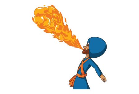 Vector cartoon illustration of Punjabi Nihang Sardar is performing a fire breathing act. Isolated on white background.のイラスト素材