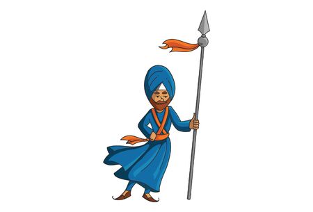 Vector cartoon illustration of Punjabi Nihang Sardar holding the spear in hand. Isolated on white background.のイラスト素材