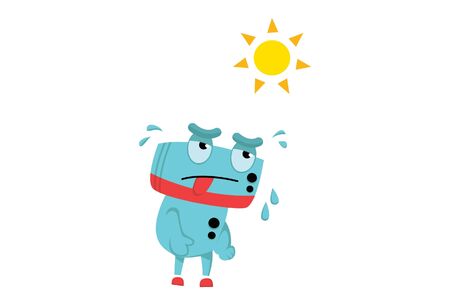 Vector cartoon illustration of cute robot is tired with hot sun rays. Isolated on White background.のイラスト素材