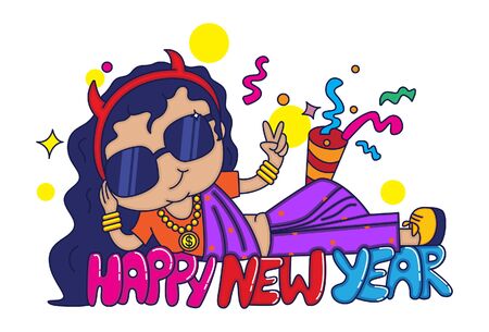 Vector cartoon illustration. Woman is lying down on floor in style with glasses. Saying Happy new year. Isolated on white background.のイラスト素材