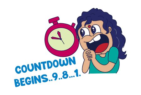 Vector cartoon illustration of woman with watch. Lettering text countdown begins. Isolated on white...