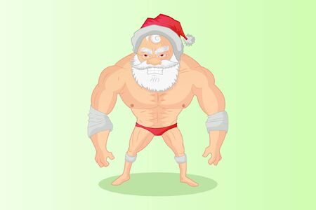 Vector cartoon illustration of angry shirtless Santa clause showing body. Isolated on colored background.のイラスト素材