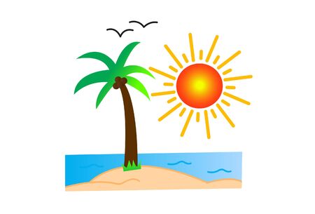 Vector cartoon illustration of palm tree and sun. Isolated on white background.のイラスト素材