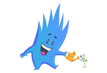 Vector cartoon illustration. Monster is giving water to flower plant. Isolated on white background.のイラスト素材