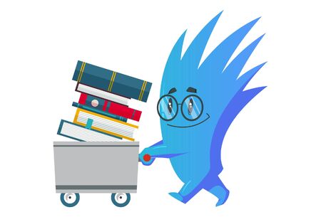 Vector cartoon illustration. Monster is holding trolley of books and wearing glasses. Isolated in white background.のイラスト素材