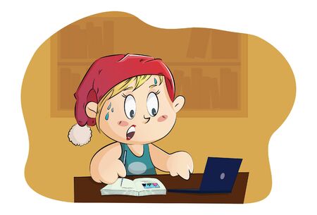 Vector cartoon illustration of boy working on laptop. Isolated on white background.のイラスト素材