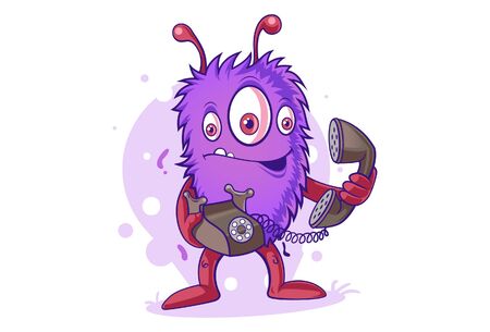 Vector cartoon illustration of talkanky monster holding telephone in hand. Isolated on white background.のイラスト素材