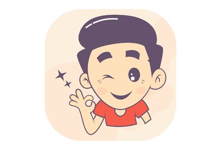 Vector cartoon illustration of happy boy. Showing okay sign. Isolated on white background.のイラスト素材