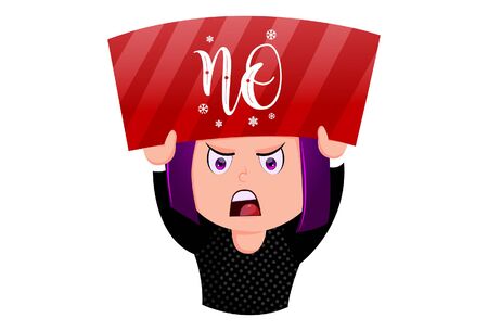 Vector cartoon illustration of the angry girl. Holding the no sign board. Isolated on white background.のイラスト素材