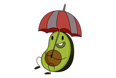 Vector cartoon illustration of cute avocado fruit holding the umbrella. Isolated on white background.のイラスト素材