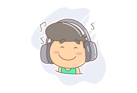 Vector cartoon illustration of happy boy wearing the headphone. Isolated on white background.のイラスト素材