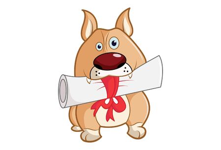 Vector cartoon illustration of dog holding paper in mouth. Isolated on white background.のイラスト素材