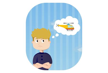 Vector cartoon illustration of boy thinking about toy. Isolated on white background.のイラスト素材