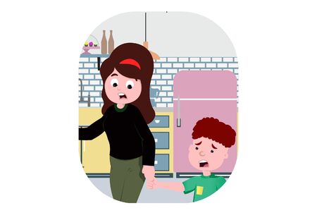 Vector cartoon illustration of boy with his mom. Isolated on white background.のイラスト素材