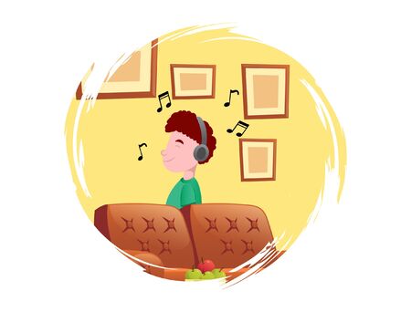 Vector cartoon illustration of boy listening music. Isolated on white background.のイラスト素材