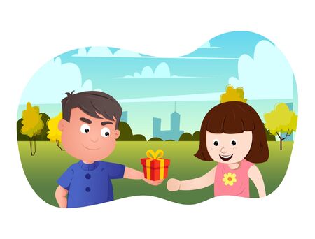 Vector cartoon illustration of boy giving gift to girl. Isolated on white background.のイラスト素材