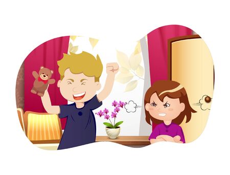 Vector cartoon illustration. Girl is angry because boy taking her toy. Isolated on white background.のイラスト素材