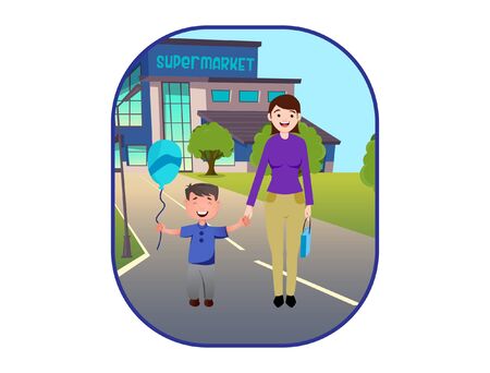 Vector cartoon illustration of happy boy holding mom hand. Isolated on white background.のイラスト素材