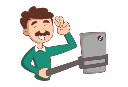 Vector cartoon illustration of man taking selfie with phone. Isolated on white background.のイラスト素材