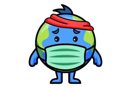 Vector cartoon illustration of sad earth wearing mask . Isolated on white background.のイラスト素材