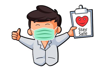 Vector cartoon illustration. Doctor is wearing mask and saying stay safe. Isolated on white background.のイラスト素材