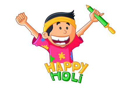 Vector cartoon illustration of boy saying happy holi. Isolated on white background.のイラスト素材