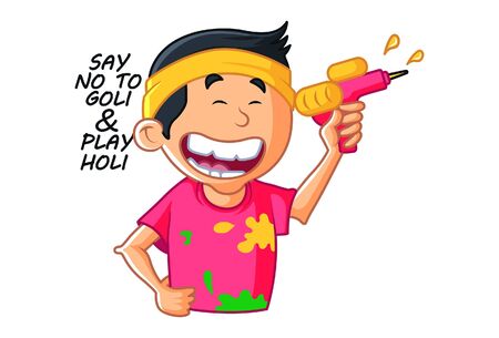 Vector cartoon illustration. Boy is holding pichkari in hand. Lettering text say no to goli & play holi. Isolated on white background.のイラスト素材