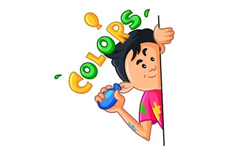 Vector cartoon illustration. Boy is secretly throwing color balloon. Lettering text colors. Isolated on white background.のイラスト素材