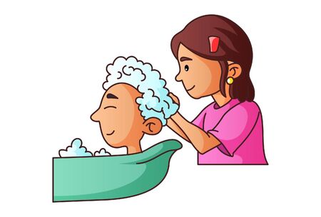 Vector cartoon illustration. Girl is taking bath to boy. Isolated on white background.のイラスト素材