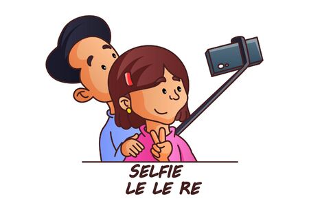 Vector cartoon illustration. Boy and girl is taking selfie in phone with selfie stick. Selfie le le re hindi text translation - take selfie. Isolated on white background.のイラスト素材