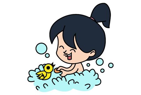 Vector cartoon illustration of a little girl taking bath. Isolated on white background.のイラスト素材
