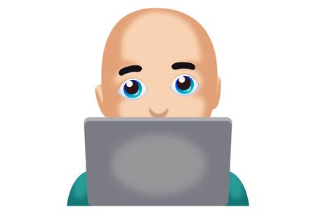 Vector cartoon illustration of a bald man working on a laptop. Isolated on white background.のイラスト素材