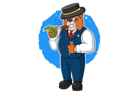 Vector cartoon illustration of a bulldog holding money in hand. Isolated on white background.のイラスト素材