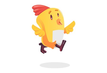 Vector cartoon illustration of a little chicken bird is jumping. Isolated on white background.のイラスト素材