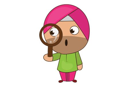 Vector cartoon illustration of punjabi sardar with magnify glass. Isolated on white background.のイラスト素材