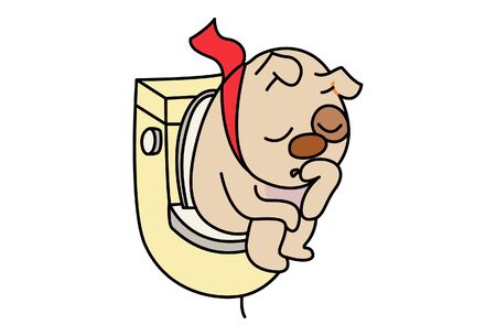 Vector cartoon illustration of the dog sitting on a toilet seat in the bathroom. Isolated on white background.のイラスト素材