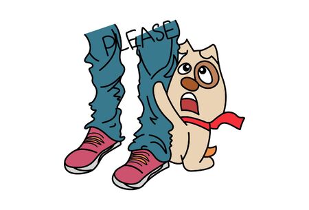 Vector cartoon illustration of the dog holding legs. Lettering text- please. Isolated on white background.のイラスト素材