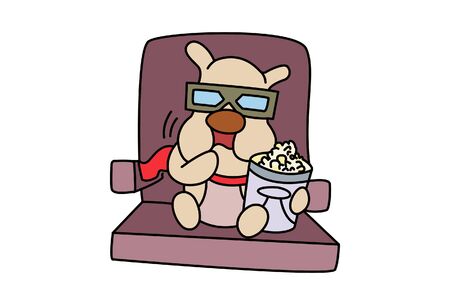 Vector cartoon illustration. The dog is sitting and eating popcorn. Isolated on white background.のイラスト素材