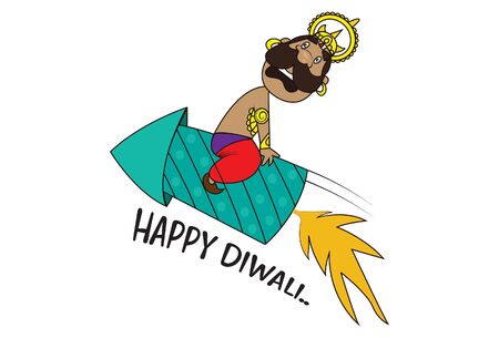 Vector cartoon illustration of Ravan sitting on rocket and saying happy diwali. Isolated on white background.のイラスト素材