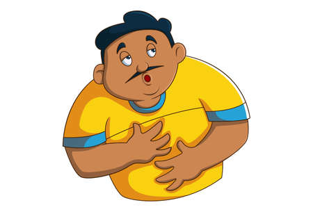 Vector cartoon illustration. Man is holding the stomach in pain. Isolated on white background.のイラスト素材