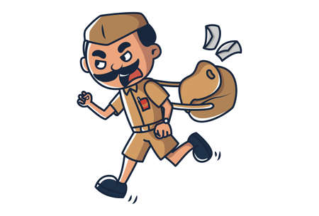 Vector cartoon illustration. Postman is running with letters bag. Isolated on white background.のイラスト素材